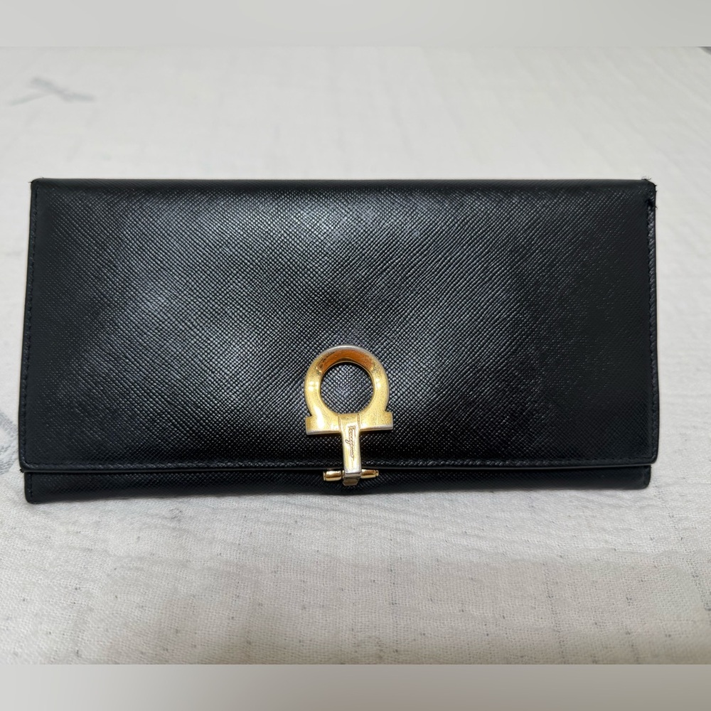Authentic Salvatore Ferragamo Elegant Black Wallet with Gold Detail
